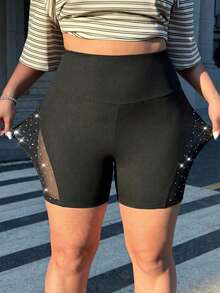 Muchica Plus Size Women Rhinestone Mesh Patchwork Elastic Waist Shorts,For Daily Commute,Date, Commute, Party,Fall /Autumn/Winter/Summer,Christmas,New Year,Thanksgiving,Party,Wedding,Beach,Beach Fashion,Graduati,Chic,Sports,Casual,Going Out,Date,Appointment,Commute,Shining,Valentine's Day,Vacation,Casual,Y2k,Going Out,Graduation,Business,Festival - Black - View 3