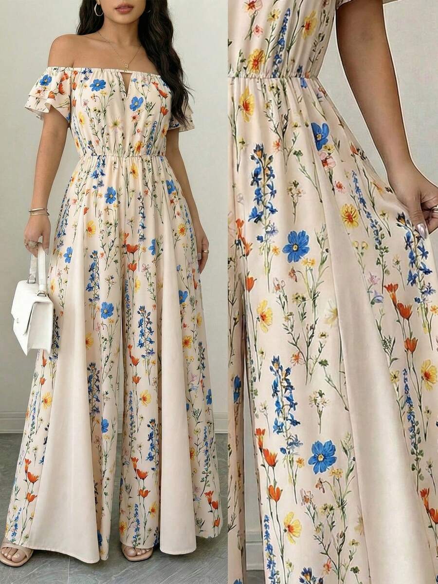 SHEIN Clasi 大码女士优雅印花连体裤,适合外出、度假和通勤,春夏款 - 彩色 - 查看 1