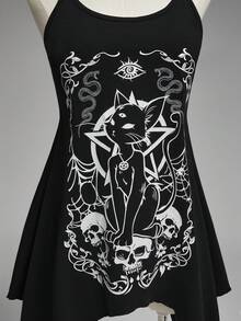 ROMWE Women's Vintage Dark Gothic Mysterious Black Cat Astrology Pattern Asymmetrical Hem A-Line Long Camisole Top - Black - View 2