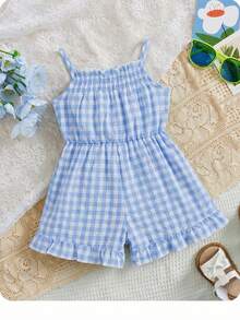 Baby Girl Ruffled Strap Romper, Comfortable Cute Sweet Suitable For Summer,Blue Gingham,Summer Jumpsuit For Baby Girl Summer Outfit Forbaby Girl Baby Girl Clothes Summer Baby Clothes Baby Girl Clothes 0 12 Months Baby Girl Clothes Girl Summer Outfit For Baby Girl - Blue and White - View 2
