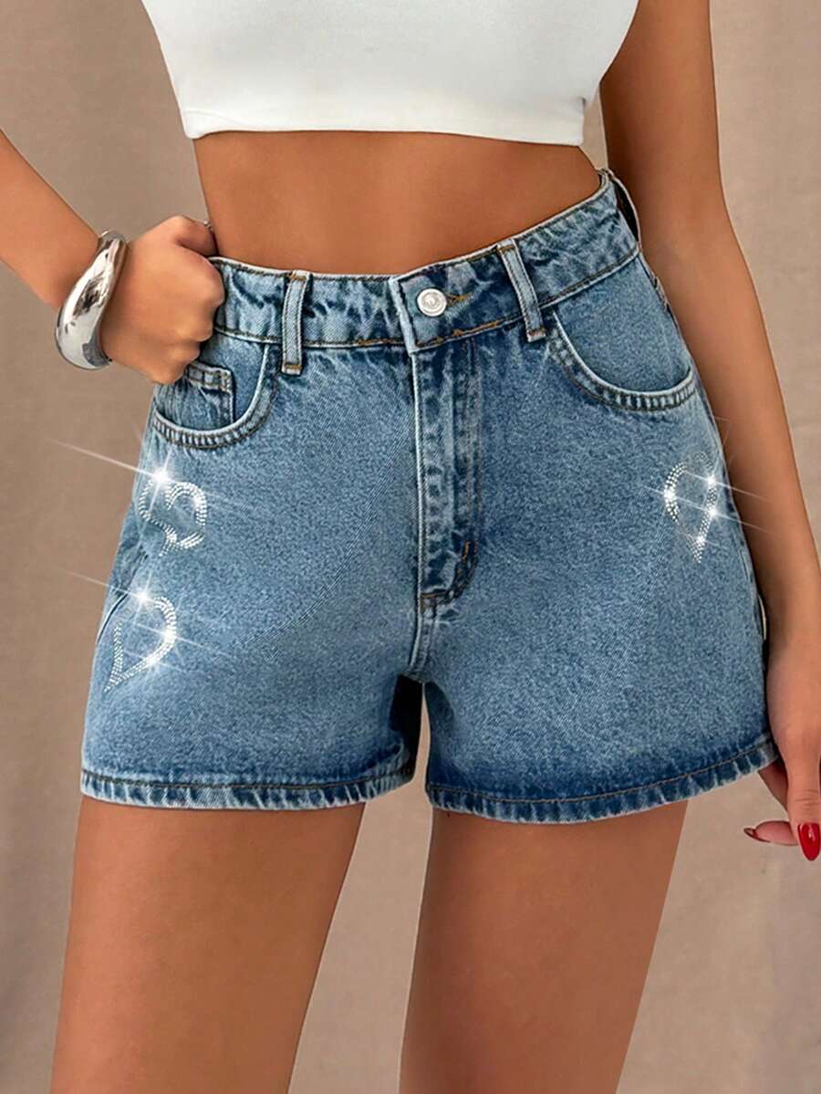 SHEIN Women's High Waist Washed Rhinestone Embroidered Casual Jeans - Medium Wash - View 1