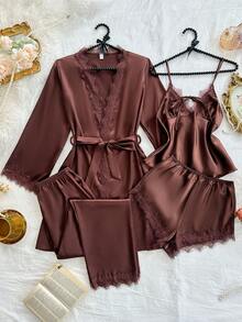 SilkySpell 4pcs Women Sexy Lace Camisole Top , Floral Trim Shorts, Pants & Silky Belted Robe Sleepwear Pajama Set, Coffee Color, Fall Winter Clothes Cozy And Elegant Details - Coffee Brown - View 4