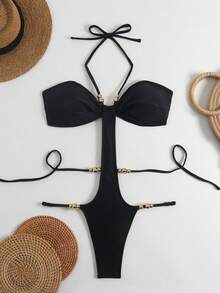 Swim SXY Springbreak Swim 纯色细肩带露背珍珠装饰高开镂空性感泳衣，节日波西米亚风格 - 黑色 - 查看 6