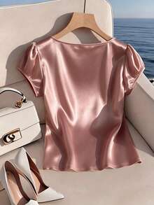 Blusa casual elegante de satén con cuello cuadrado francés, mangas de pétalos y pliegues, adecuada para ir al trabajo, uso diario, reuniones y fiestas, primavera/verano - Gris Claro - Ver 6