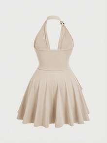 SHEIN MOD Plus Size Vintage 70s Beige Summer Boho Vacation Holiday Mini Dress,Halter Neck Beaded Asymmetrical Ruffle Layered Cake Hem Draped Collar Y2K Inspired - Apricot - View 2