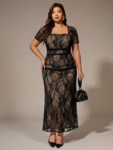 Auralis 大码女式蕾丝拼接荷叶边短袖连衣裙，时尚优雅 - 黑色 - 查看 3