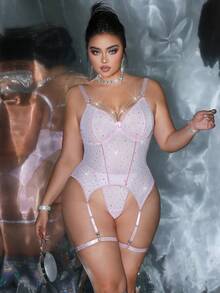 4件套加大码性感内衣套装（带钢圈、丁字裤、2个腿环） - 粉色 - 查看 5