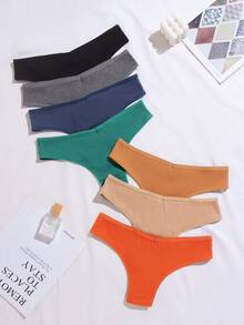 SHEIN 7pcs/Pack Solid Color Ribbed Knit Letter Seamless Comfortable Triangle Panties - Multicolor - View 2