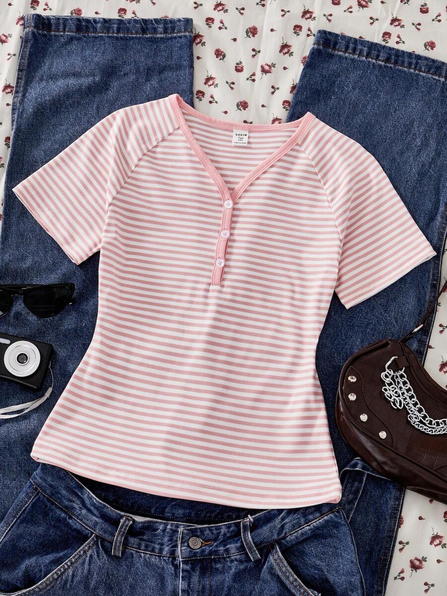 SHEIN Retro European And American Y2K Style Striped Short-Sleeved T-Shirt For Girls And Teenagers, New Summer Style, V-Neck, Button-Down, Raglan Sleeves - Pink - View 1