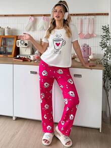 SweetSlumber Conjunto de pijama de mujer con diseño de corazón y taza de café - Multicolor - Ver 3