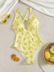 New Arrival Spring/Summer Lemon Print Plaid Casual Beach Vacation One-Piece Swimsuit - Multicolor - View 4