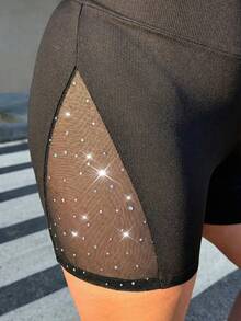 Muchica Plus Size Women Rhinestone Mesh Patchwork Elastic Waist Shorts,For Daily Commute,Date, Commute, Party,Fall /Autumn/Winter/Summer,Christmas,New Year,Thanksgiving,Party,Wedding,Beach,Beach Fashion,Graduati,Chic,Sports,Casual,Going Out,Date,Appointment,Commute,Shining,Valentine's Day,Vacation,Casual,Y2k,Going Out,Graduation,Business,Festival - Black - View 6