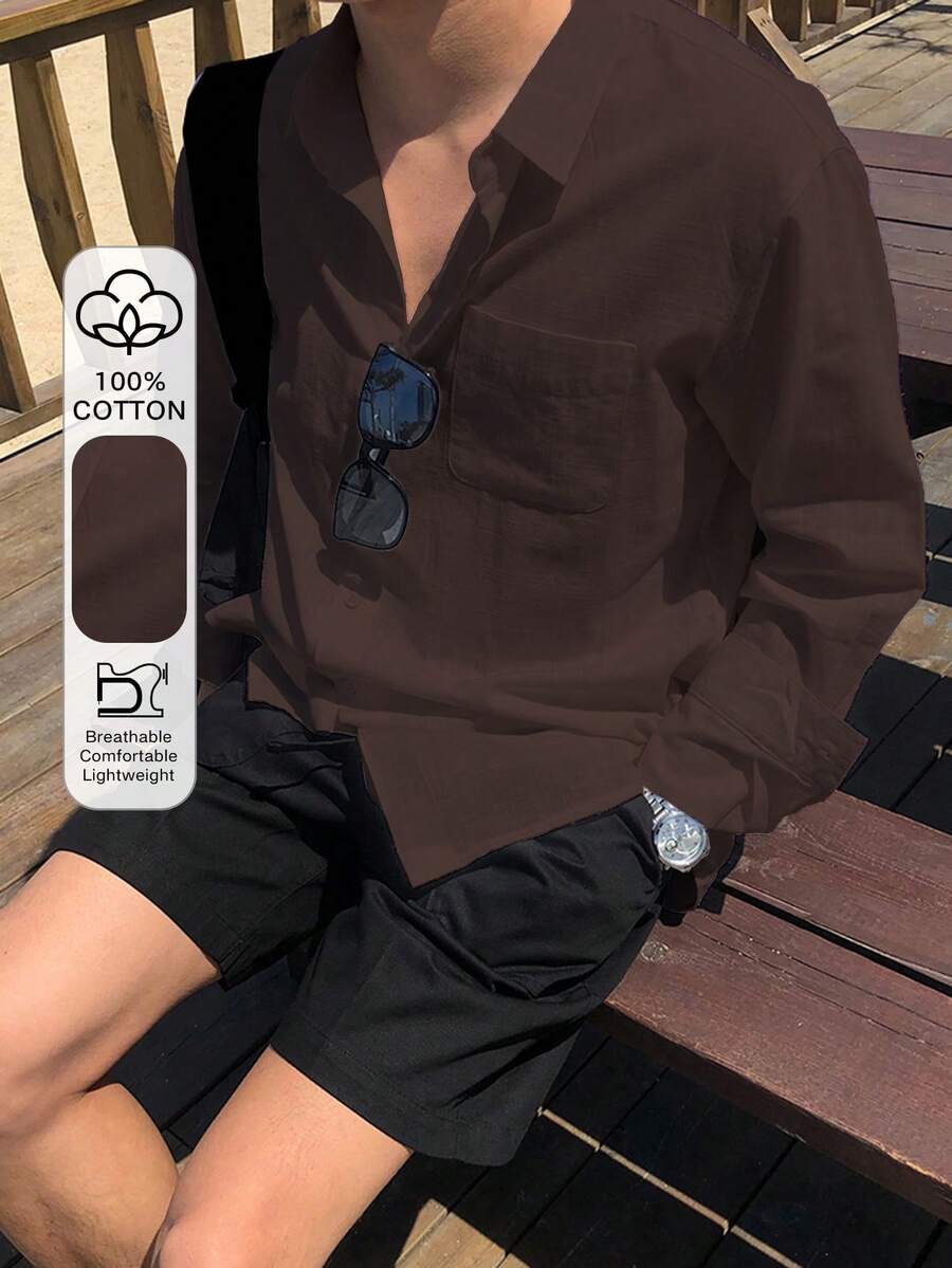 DAZY 男士春夏纯色口袋休闲长袖衬衫,适合秋季 - 咖啡棕 - 查看 1