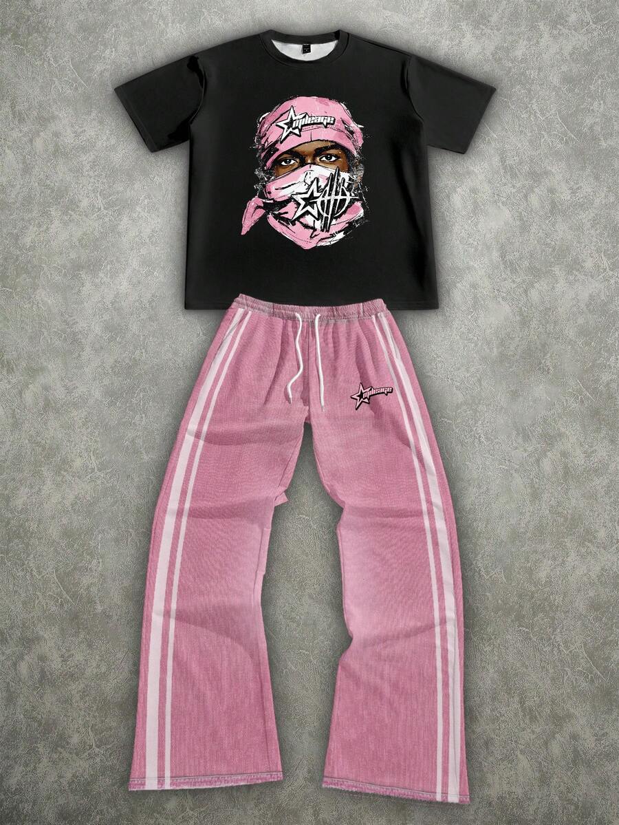 Manfinity ZONE917 宽松卡通嘻哈歌手面具肖像黑色T恤和粉色条纹裤套装,适合春夏穿着,可作为音乐节朋友的礼物 - 彩色 - 查看 1
