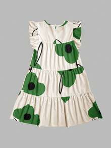 SHEIN Holidaya Holiday Leisure Big Floral Printed Ruffle Hem Dress Vacation Beach Outfits Women - Dark Green - View 2