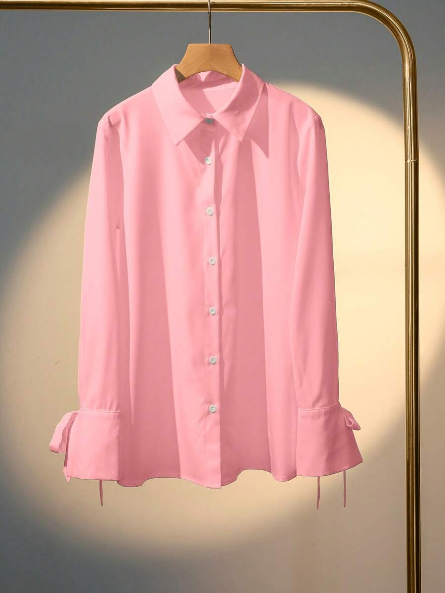 SHEIN LUNE 女士休闲长袖白色纽扣衬衫,配领带,春季款 - 粉色 - 查看 1