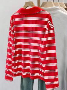 EMERY ROSE Women's Casual Striped Long Sleeve T-Shirt, Spring - Red - View 2