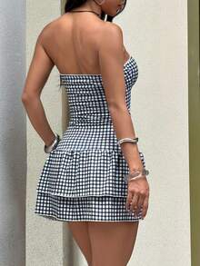 FavEase Casual Plaid Bandeau Waist Mini Dress For Women, Spring/Summer - Black and White - View 2
