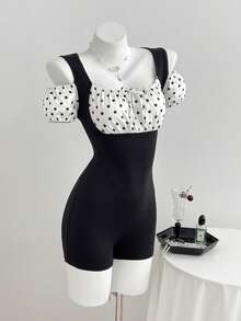 Elamini 女士夏季休闲简约波点拼接花瓣袖系带连体裤 - 黑色 - 查看 4