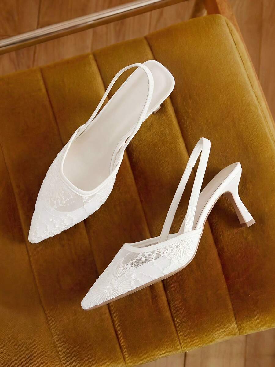 Women's 7cm High Heel Mesh Floral Sandals, Black Pointed Toe Kitten Heel Elastic Strap Sandals, Fairy Style