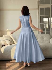 Feyla Women's Floral Embroidered Mandarin Collar Pleated Design Elegant Sleeveless Dress - Blue - View 4