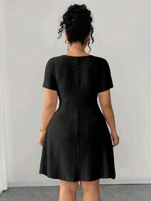 Elenzga Plus Size Fitted Stylish Solid Color Short Sleeve Jacquard Dress - Black - View 2