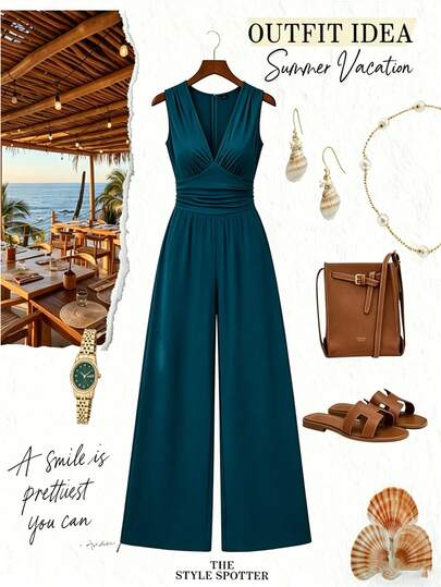 GlowEve CURVE Bộ jumpsuit cổ chữ V màu trơn thanh lịch dành cho nữ cỡ lớn, thích hợp dự tiệc.