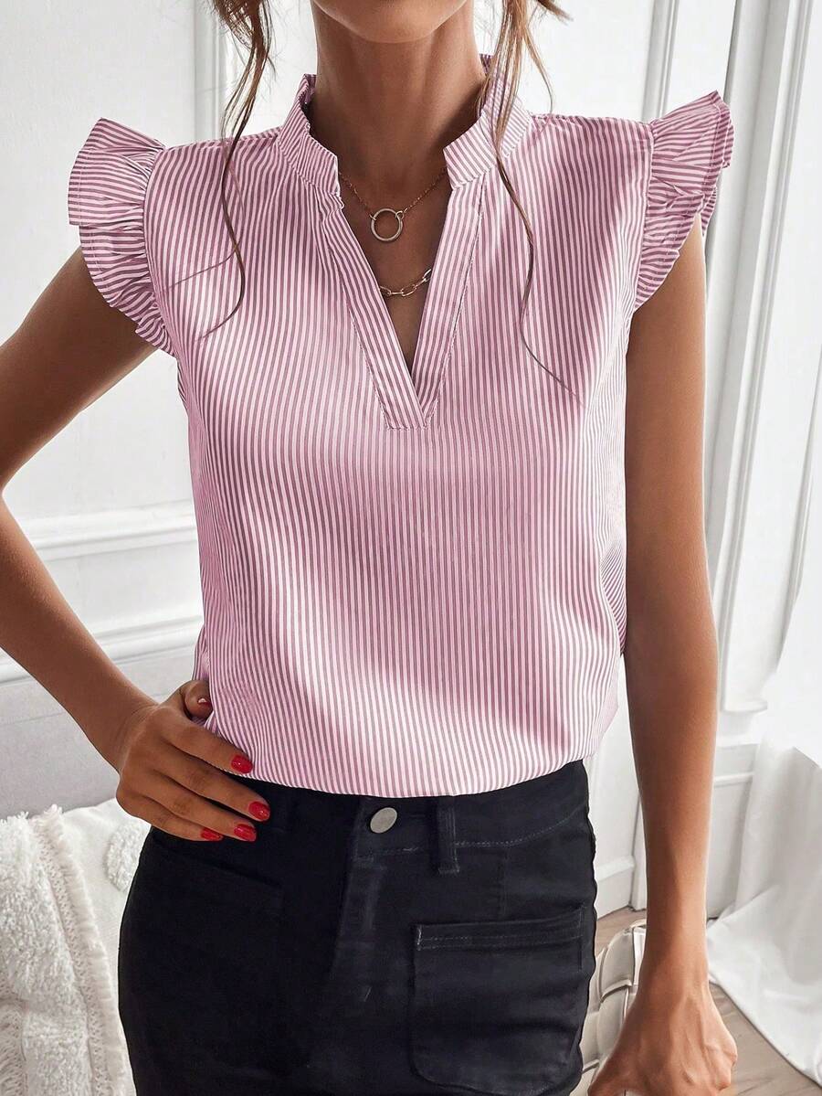 EMERY ROSE Women's Summer Casual Vacation & Commute Striped Print Notch Neck Ruffle Armhole Blouse - Pink - View 1