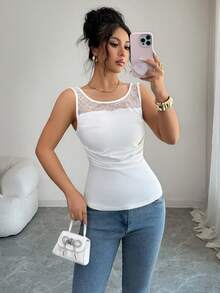Rafferiza Damen Sommer Spitze Patchwork Trägerhemd, ärmelloses Slim Fit Trägershirt, elegant für den Arbeitsweg, den Alltag und Dates - Weiss - Übersicht 3