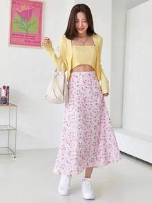 DAZY Rok Mini Pinggang Tinggi Motif Bunga Kecil Musim Panas untuk Wanita - Berwarna merah muda - View 5