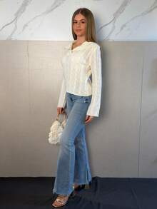 Aless PB 女士时尚宽松针织图案纽扣半开襟长袖毛衣，秋冬款 - 白色 - 查看 4