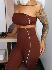 SAYEHFBABY Conjunto deportivo sin costuras a rayas rosa, conjunto de top corto y leggings marrón, conjunto de dos piezas marrón, conjunto de yoga marrón, conjunto de entrenamiento sin tirantes, conjunto de entrenamiento sin costuras, conjunto de dos piezas marrón, conjunto de entrenamiento sin tirantes marrón, conjunto atlético marrón, conjunto de mallas marrón para mujer, conjunto de activewear sin tirantes marrón, conjunto de mallas de dos piezas marrón - Café integral - Ver 3