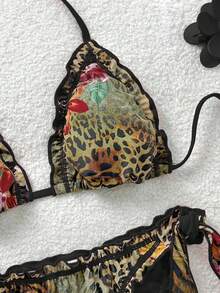 Soleia Bộ bikini đi biển nữ Vacation phong cách retro nhiều màu sắc với họa tiết da báo, ngựa vằn, hoa văn, xếp nếp, thắt nơ, cổ yếm, trang trí tua rua. - màu đen - Xem 5