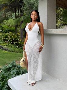 BamGleam Women's Sexy Slit Hem Halter Neck Dress For Vacation - White - View 4