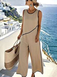 Breezaya 新款时尚优雅圆领休闲连体裤，女士款 - 卡其色 - 查看 1