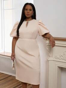 ELLERISSA 曲线优雅晚礼服铅笔裙，杏色水钻领泡泡袖修身连衣裙，大码女装，正式场合服装，派对礼服，晚礼服，缀饰铅笔裙 - 杏色 - 查看 5