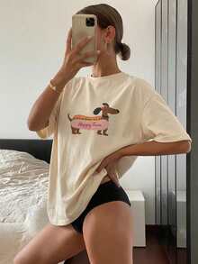 Livesso 女士休闲可爱腊肠犬印花圆领短袖T恤 - 米色 - 查看 4