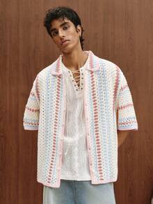 TOKVUE Men's Contrast Stripe Drop Shoulder Short Sleeve Button Front Casual Hollow Out Knit Top - Multicolor - View 7