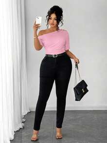 Elenzga Plus Size Women Elegant Personalized Versatile Casual Commute Cold-Shoulder Top - Pink - View 3