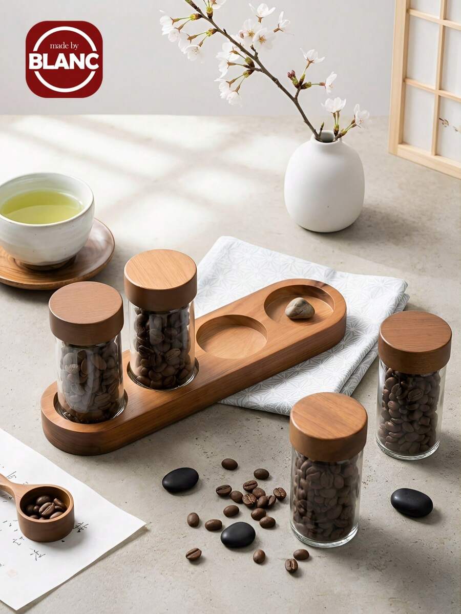 Madebyblanc Tubos de almacenamiento de granos de café de madera y vidrio, contenedores de almacenamiento de granos de café con base de madera, juego de almacenamiento de granos de café para mostrador - Multicolor - Ver 1