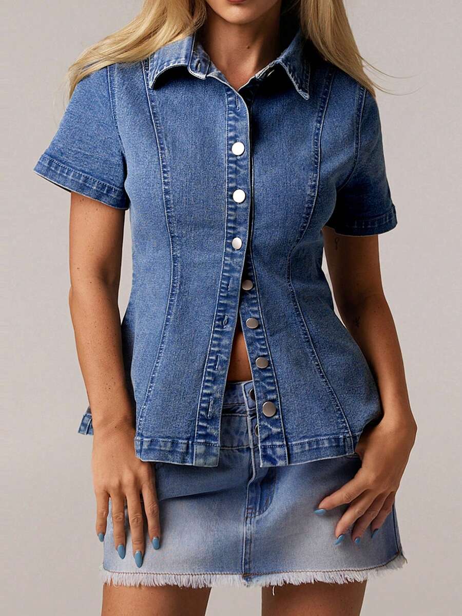 Forever 21 Women's Short Sleeve Single-Breasted Casual Denim Blouse - Blue - View 1