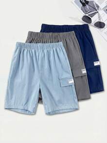 3 Pc Teenboy's Loose Casual Woven Sports Workwear Shorts Set,Solid Color Basic Versatile Summer,Streetwear,Beach Shorts For Spring And Summer Seasons - Multicolor - View 9