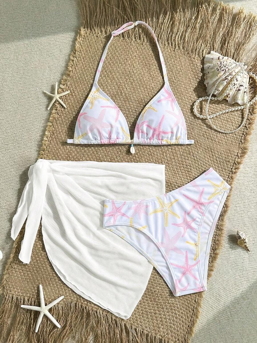 SHEIN Conjunto de bikini de 3 piezas para adolescentes con parte superior triangular y Bottom de corte alto con estampado aleatorio y textura de concha, para vacaciones de verano - Rosa - Ver 1