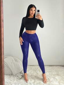 SHEIN SXY Quần legging nữ cạp cao ôm sát, họa tiết da báo màu đen. - Màu xanh hải quân - Xem 3