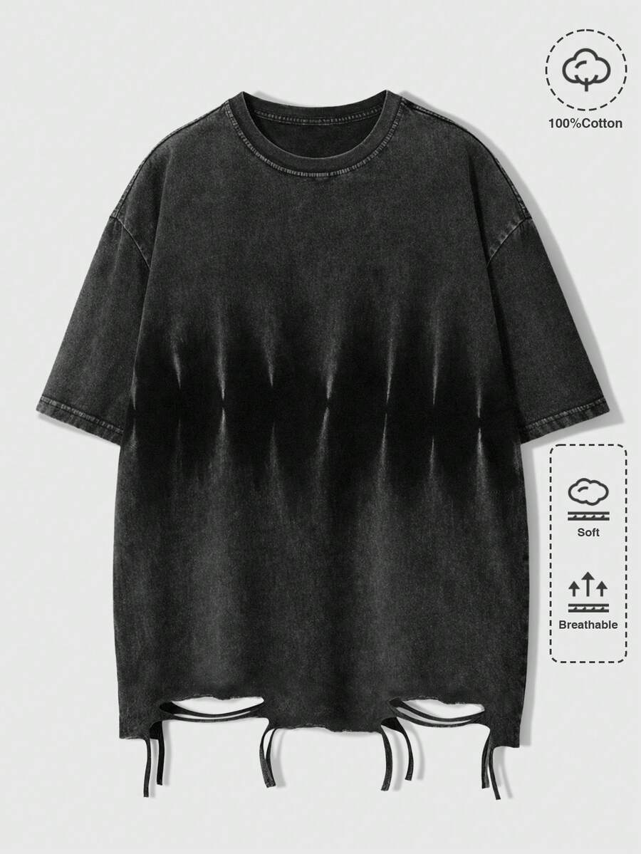 ROMWE MEN Essentials Kaos Pria Kasual Kerah Bulat Lengan Pendek dengan Rumbai, Serbaguna untuk Pemakaian Sehari-hari - Hitam - View 1