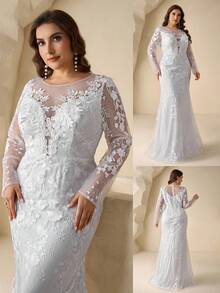 Coutiva Vestido de novia de talla grande con bordado floral de malla, vestido de novia de talla grande para novia, vestidos de novia para mujeres, vestidos de novia de encaje, vestido de novia de manga larga - Blanco - Ver 2