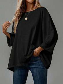 EMERY ROSE Plus Size Solid Color Casual Loose Fit Round Neck T-Shirt, Spring - Multicolor - View 3