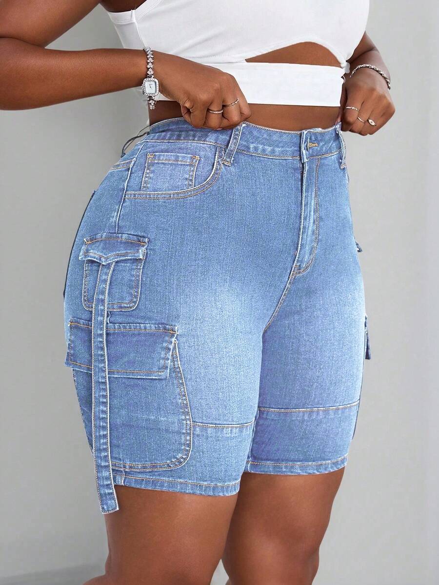 Slaydiva Quần short nữ cỡ lớn kiểu cao bồi, cạp chun, nhiều túi, dáng ôm, thích hợp mặc mùa hè. - Rửa nhẹ - Xem 1