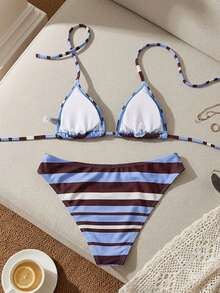Swim Mod Bộ bikini 2 mảnh mùa hè mới gợi cảm dành cho nữ, kiểu cổ yếm, cạp thấp, họa tiết sọc. - Nhiều màu - Xem 2