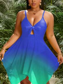 Slaydiva Plus Size Women One-Piece Gradient Print Casual Vacation Swimsuit - Blue - View 5